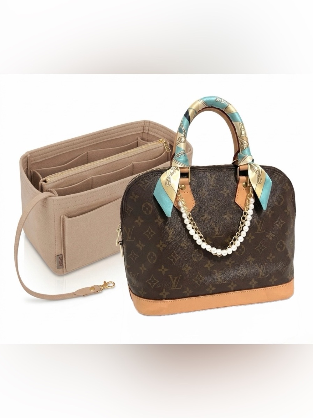 Neutral Taupe Bag Organizer Insert with Zip Pocket - Picture 2 of 2